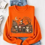 Vintage Halloween Cartoon Friends Sweatshirt, Cute Fall Pumpkin Patch Crewneck, Cozy Spooky Season Shirt, Trick or Treat Autumn Gift - Image 4