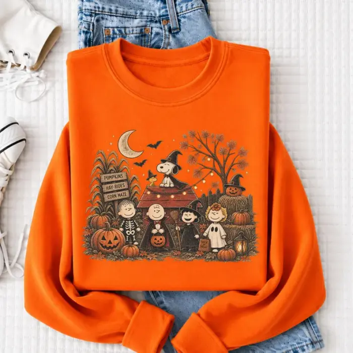 Vintage Halloween Cartoon Friends Sweatshirt, Cute Fall Pumpkin Patch Crewneck, Cozy Spooky Season Shirt, Trick or Treat Autumn Gift - Image 4