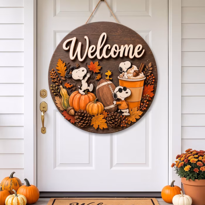 Cute Dog Football Fall Door Hanger, Pumpkin Autumn Front Door Decor, Rustic Thanksgiving Porch Sign, Football Fan Gift, Seasonal Wood Decor - Image 2