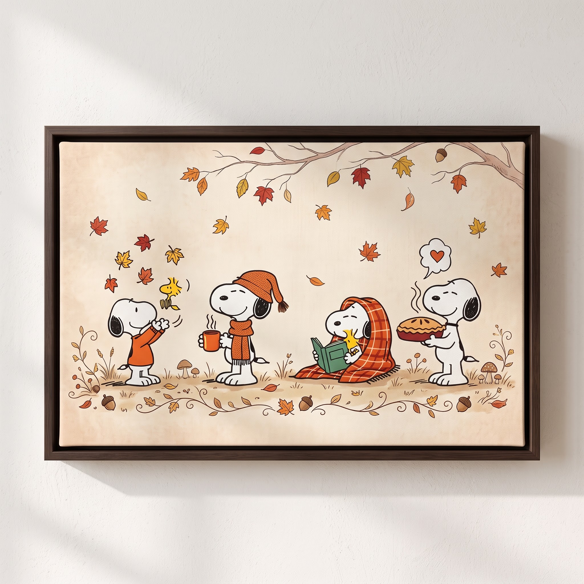 Artwork_canvas_print_with_autumn…_2K_20261009144225 Vintage Snoopy Autumn Cozy Framed Canvas with Espresso Frame, Fall Season Warm Wall Art, Framed Matte Canvas Print - Image 1
