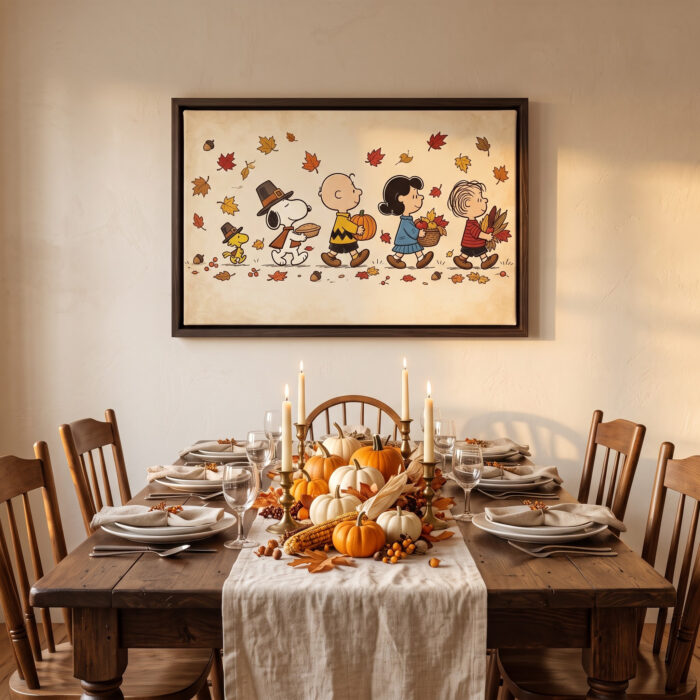 Vintage Thanksgiving Gang Canvas Wall Art in Espresso Frame, Autumn Harvest Pilgrim Parade Decor, Fall Pumpkin & Maple Leaves Print - Image 2