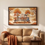 Vintage Snoopy & Friends Autumn Park Bench Framed Canvas with Espresso Frame, Cozy Fall Warm Drinks Wall Art, Framed Matte Canvas Print - Image 2