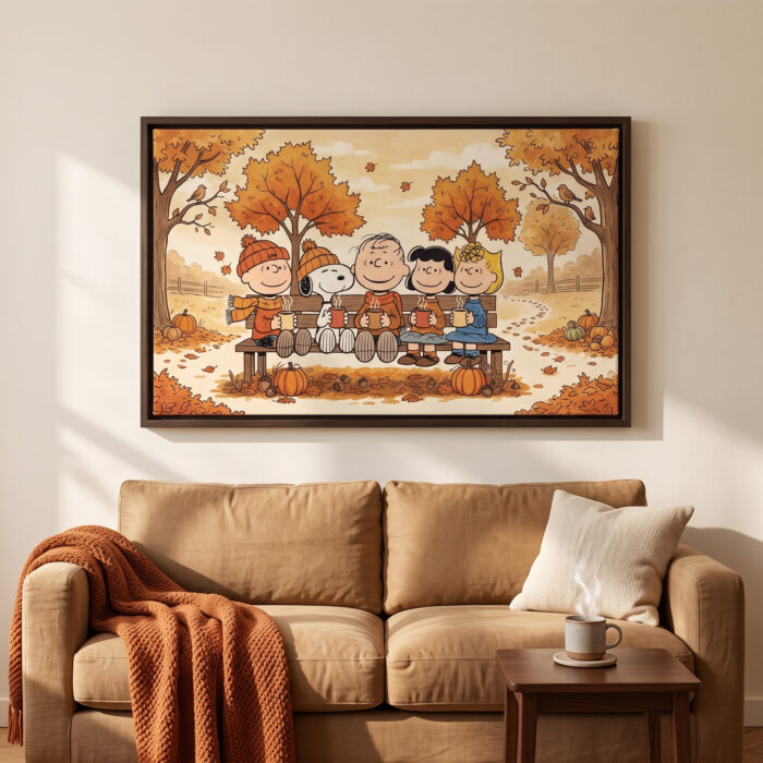 Vintage Snoopy & Friends Autumn Park Bench Framed Canvas with Espresso Frame, Cozy Fall Warm Drinks Wall Art, Framed Matte Canvas Print - Image 2
