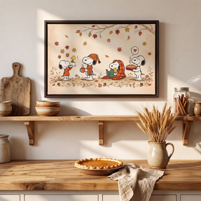 Vintage Snoopy Autumn Cozy Framed Canvas with Espresso Frame, Fall Season Warm Wall Art, Framed Matte Canvas Print - Image 3