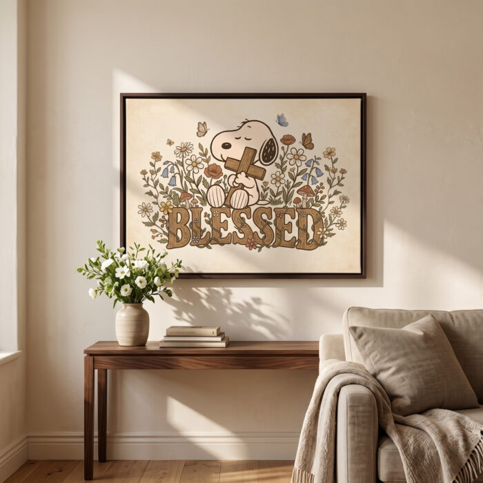Vintage Snoopy Blessed Framed Canvas with Espresso Frame, Cross Wildflowers Wall Art, Christian Framed Matte Canvas Print - Image 3