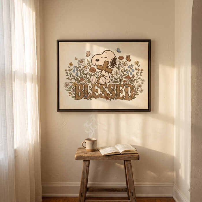 Vintage Snoopy Blessed Framed Canvas with Espresso Frame, Cross Wildflowers Wall Art, Christian Framed Matte Canvas Print - Image 4