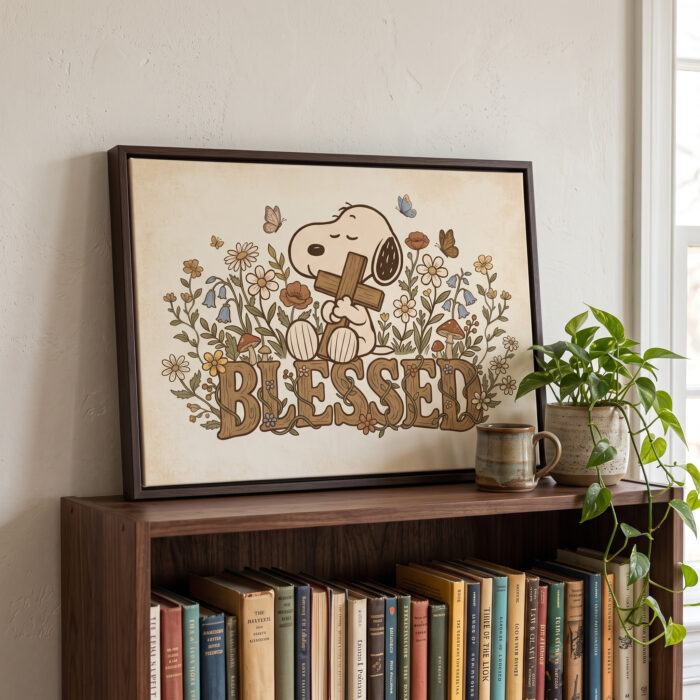 Vintage Snoopy Blessed Framed Canvas with Espresso Frame, Cross Wildflowers Wall Art, Christian Framed Matte Canvas Print - Image 2
