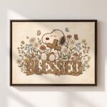 Vintage Snoopy Blessed Framed Canvas with Espresso Frame, Cross Wildflowers Wall Art, Christian Framed Matte Canvas Print