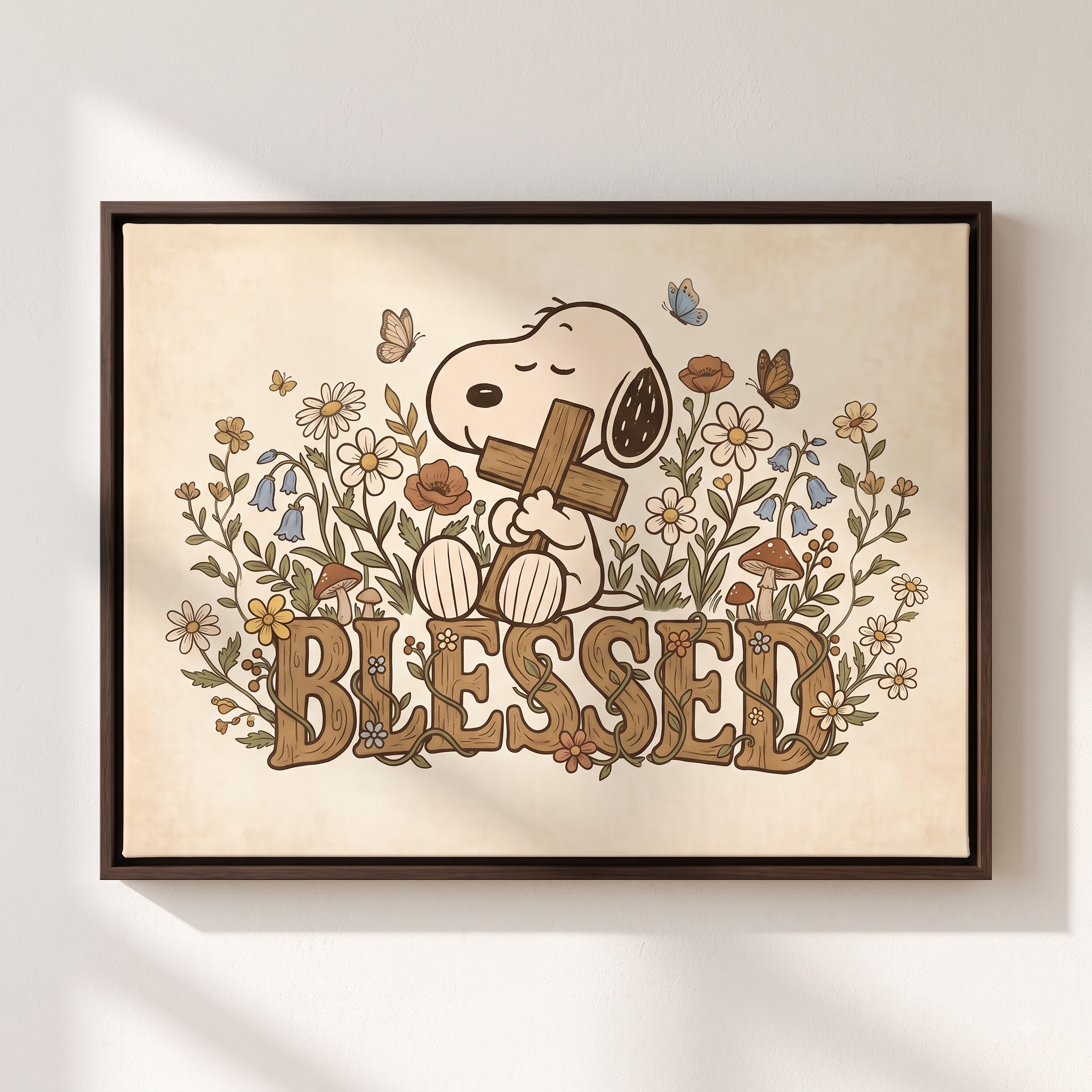 Canvas_print_of_blessed_artwork_2K_20261007164933 Vintage Snoopy Blessed Framed Canvas with Espresso Frame, Cross Wildflowers Wall Art, Christian Framed Matte Canvas Print - Image 1
