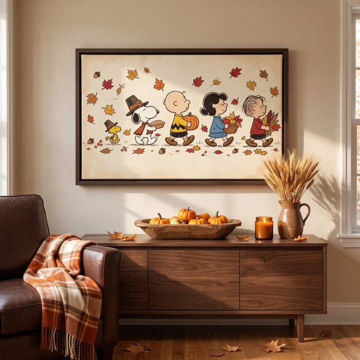 Vintage Thanksgiving Gang Canvas Wall Art in Espresso Frame, Autumn Harvest Pilgrim Parade Decor, Fall Pumpkin & Maple Leaves Print - Image 3