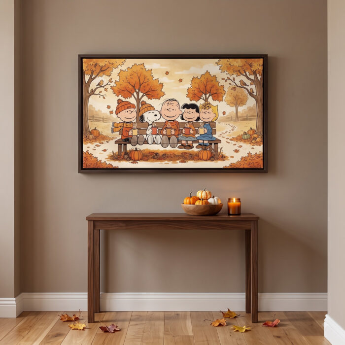 Vintage Snoopy & Friends Autumn Park Bench Framed Canvas with Espresso Frame, Cozy Fall Warm Drinks Wall Art, Framed Matte Canvas Print - Image 4