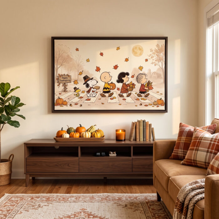 Vintage Thanksgiving Gang Crosswalk Canvas Wall Art in Espresso Frame, Happy Thanksgiving Harvest Parade Decor, Fall Pumpkin & Maple Leaves Print - Image 3