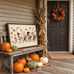Vintage Thanksgiving Gang Canvas Wall Art in Espresso Frame, Autumn Harvest Pilgrim Parade Decor, Fall Pumpkin & Maple Leaves Print - Image 4
