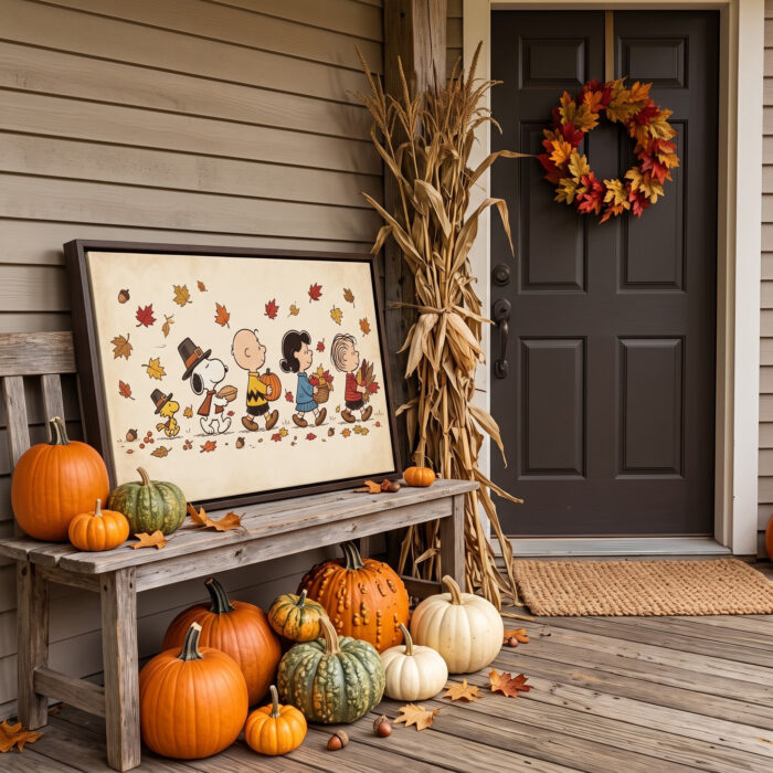 Vintage Thanksgiving Gang Canvas Wall Art in Espresso Frame, Autumn Harvest Pilgrim Parade Decor, Fall Pumpkin & Maple Leaves Print - Image 4
