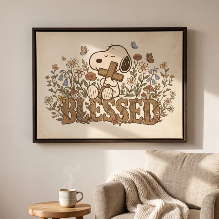 Vintage Snoopy Blessed Framed Canvas with Espresso Frame, Cross Wildflowers Wall Art, Christian Framed Matte Canvas Print - Image 6