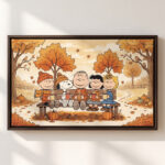 Vintage Snoopy & Friends Autumn Park Bench Framed Canvas with Espresso Frame, Cozy Fall Warm Drinks Wall Art, Framed Matte Canvas Print