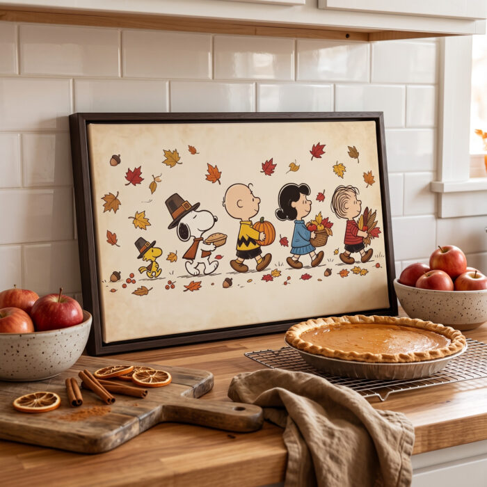 Vintage Thanksgiving Gang Canvas Wall Art in Espresso Frame, Autumn Harvest Pilgrim Parade Decor, Fall Pumpkin & Maple Leaves Print - Image 5