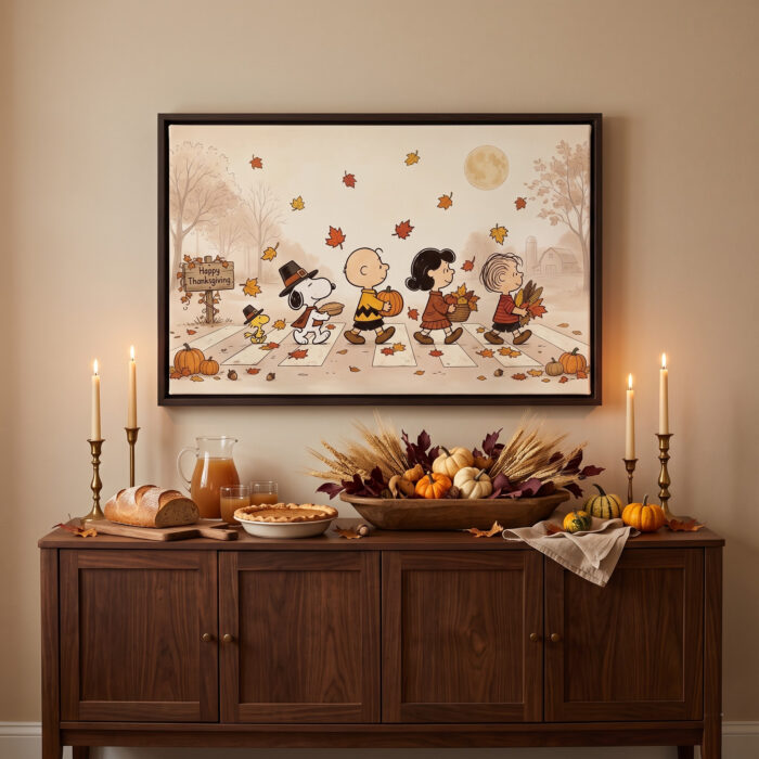 Vintage Thanksgiving Gang Crosswalk Canvas Wall Art in Espresso Frame, Happy Thanksgiving Harvest Parade Decor, Fall Pumpkin & Maple Leaves Print - Image 4