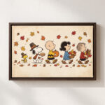 Vintage Thanksgiving Gang Canvas Wall Art in Espresso Frame, Autumn Harvest Pilgrim Parade Decor, Fall Pumpkin & Maple Leaves Print