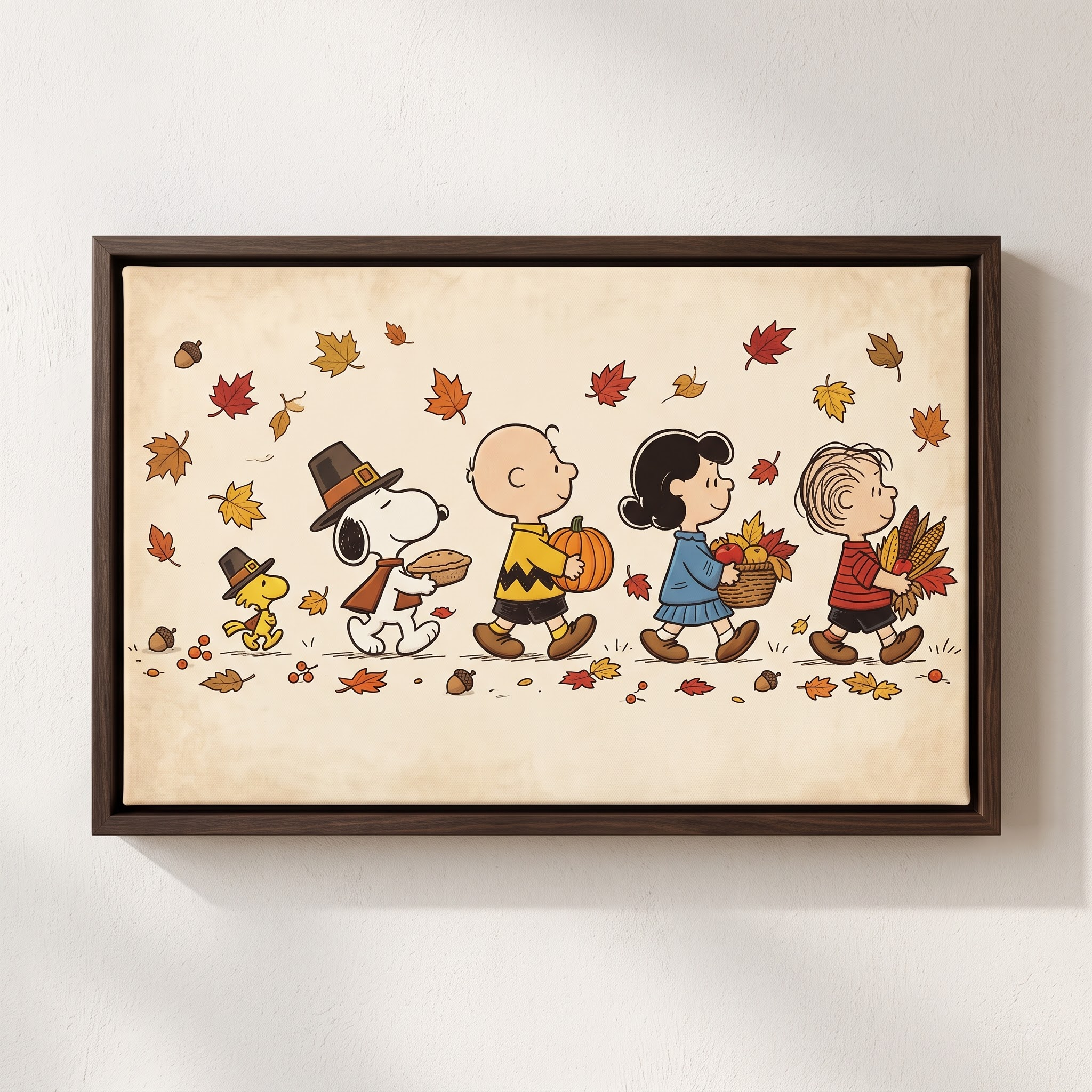 Transform_artwork_into_canvas_print_2K_20261009115240 Vintage Thanksgiving Gang Canvas Wall Art in Espresso Frame, Autumn Harvest Pilgrim Parade Decor, Fall Pumpkin & Maple Leaves Print - Image 1