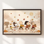 Vintage Thanksgiving Gang Crosswalk Canvas Wall Art in Espresso Frame, Happy Thanksgiving Harvest Parade Decor, Fall Pumpkin & Maple Leaves Print