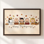 Vintage Thanksgiving Gang Canvas Wall Art in Espresso Frame, Happy Thanksgiving Greeting Sign Decor, Fall Pumpkin Pie & Cornucopia Print
