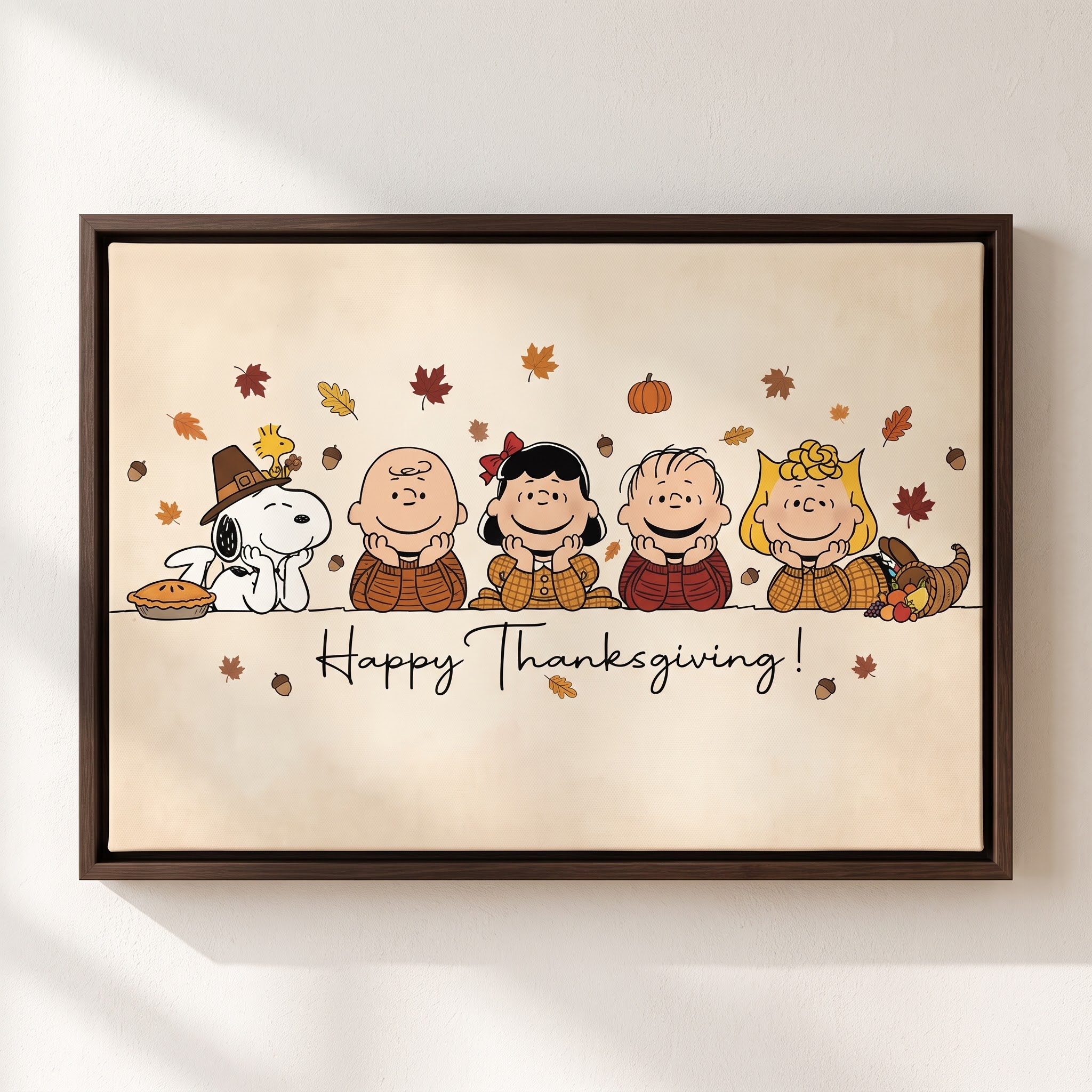 Transform_artwork_into_canvas_print_2K_20261009155737 Vintage Thanksgiving Gang Canvas Wall Art in Espresso Frame, Happy Thanksgiving Greeting Sign Decor, Fall Pumpkin Pie & Cornucopia Print - Image 1